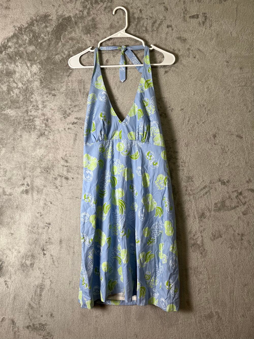Vintage Lilly Pulitzer Halter Sundress Blue Green Tropical Fruit Print Cotton 8